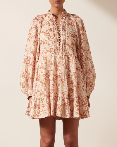 Flor Balloon Sleeve Pin Tuck Tiered Mini Dress