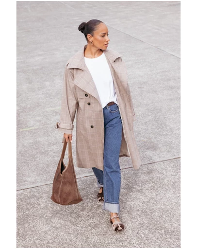 Petal & Pup - Billy Button Front Trench Coat - Brown Plaid