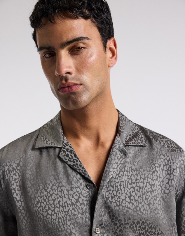 Calibre - Leopard Camp Collar Silk Shirt Zinc