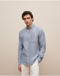 Trenery - Regular Fit Yarn Dyed Linen Grid Shirt in Navy