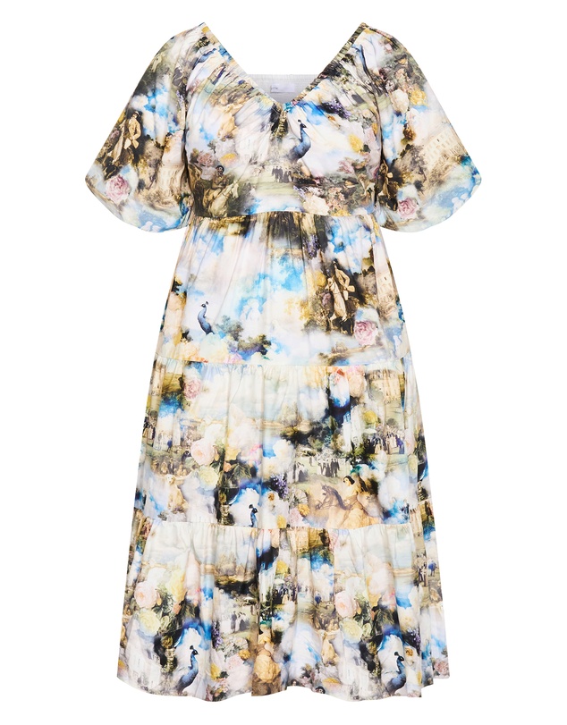 City Chic - Plus size Fantasy Ballroom Print V Neck Dress - ivory multi