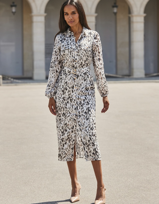 Sosandar - Grey Leopard Print Belted Shirt Dress