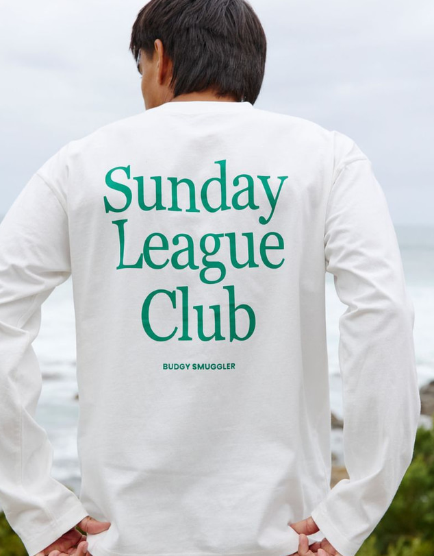 Budgy Smuggler - White Long Sleeve Tee with Sunday League Club