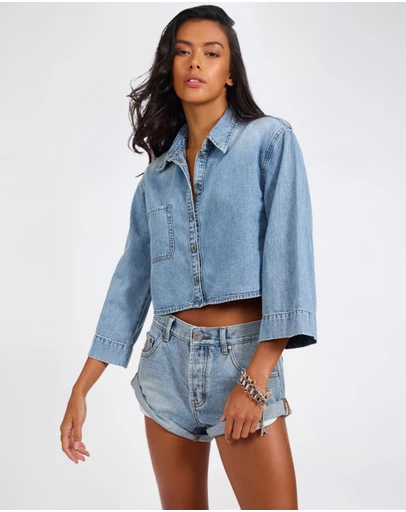 ONE TEASPOON - Gracie Cropped Denim Shirt - Misty Blue