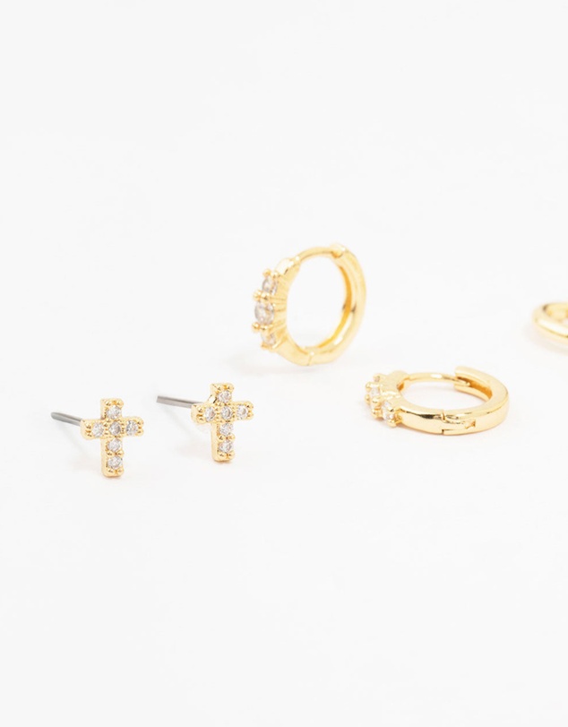 Lovisa - Gold Plated Brass Cross Stud & Chain Earrings 4-Pack
