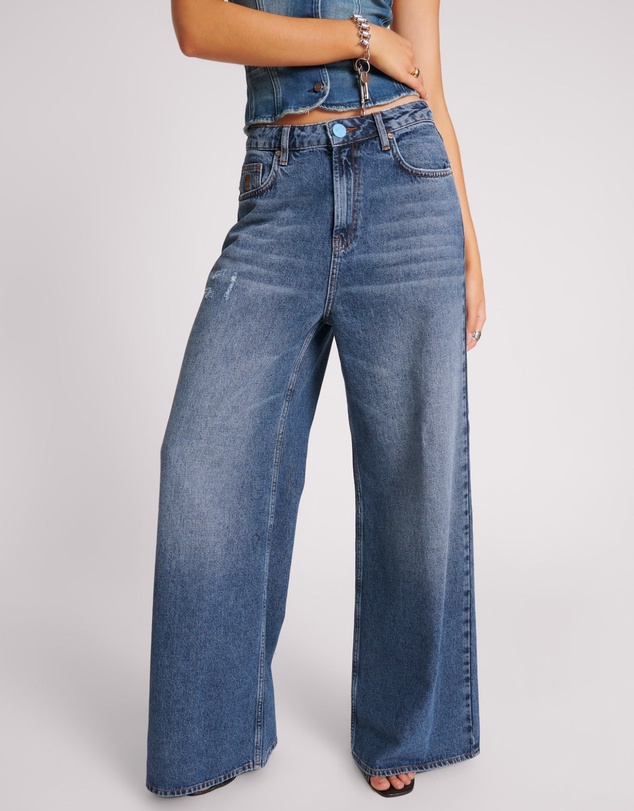 ONE TEASPOON - Love Machines Mid Waist Super Wide Leg Denim Jeans - Blue Thunder