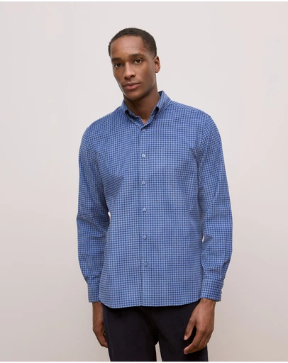 Trenery - Regular Fit Cord Check Shirt in Steel Blue