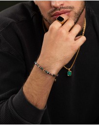 Nialaya Jewellery - Men's Beaded Bracelet with Dark Green and Gold Disc Beads