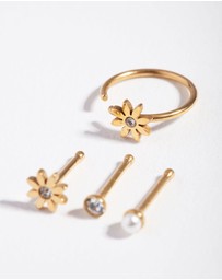 Lovisa - Surgical Steel Gold Flower Pearl Nose Stud 4-Pack
