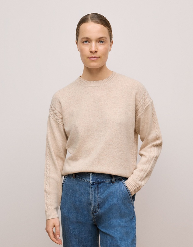 Trenery - Wool Cashmere Cable Detail Crew in Oat Marle