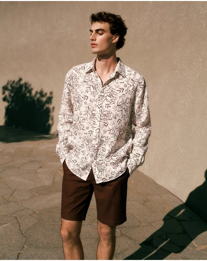 Trenery - Regular Fit Floral Linen Long Sleeve Shirt in White