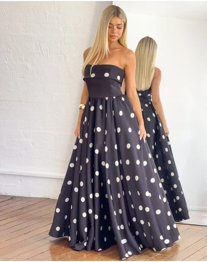 Beginning Boutique - Julianne Strapless Polka Dot Satin Maxi Dress
