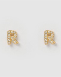 Izoa - Alphabet Mini Letter R Stud Earrings Gold