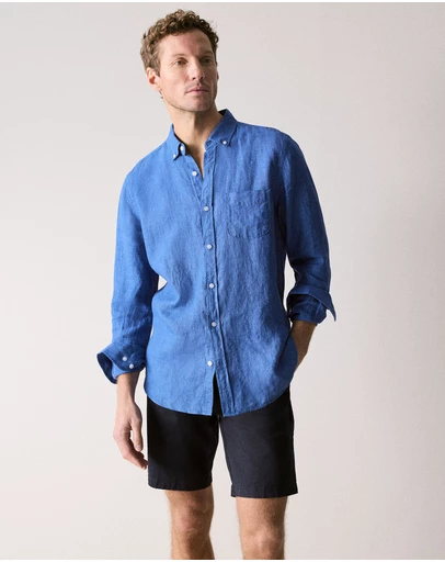 Trenery - Regular Fit Delave Linen Long Sleeve Shirt in Mineral Blue