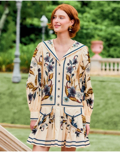 Farm Rio - Golden Nature Long Sleeve Mini Dress