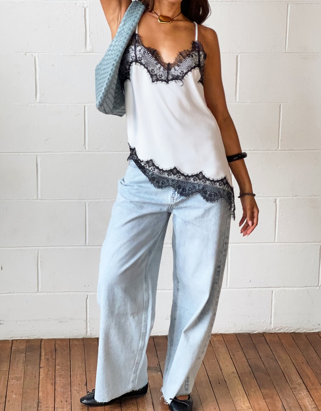 Beginning Boutique - Ziva White Satin Lace Trim Asymmetrical Top