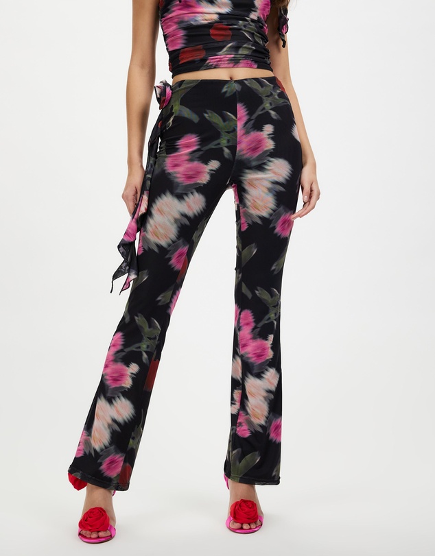 Dazie - High Velocity Rose Print Rosette Mesh Pants