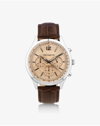 Michael Hill - Men's Chronograph Watch in Stainless Steel & Brown Leather
