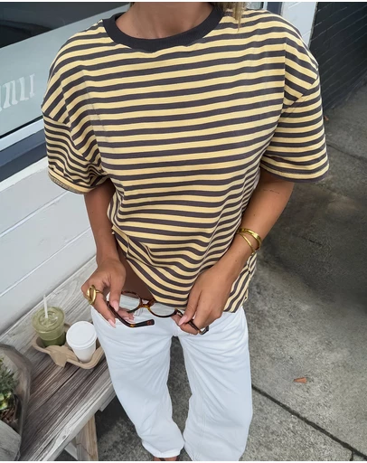 Beginning Boutique - Alba Yellow Stripe Oversized Tee