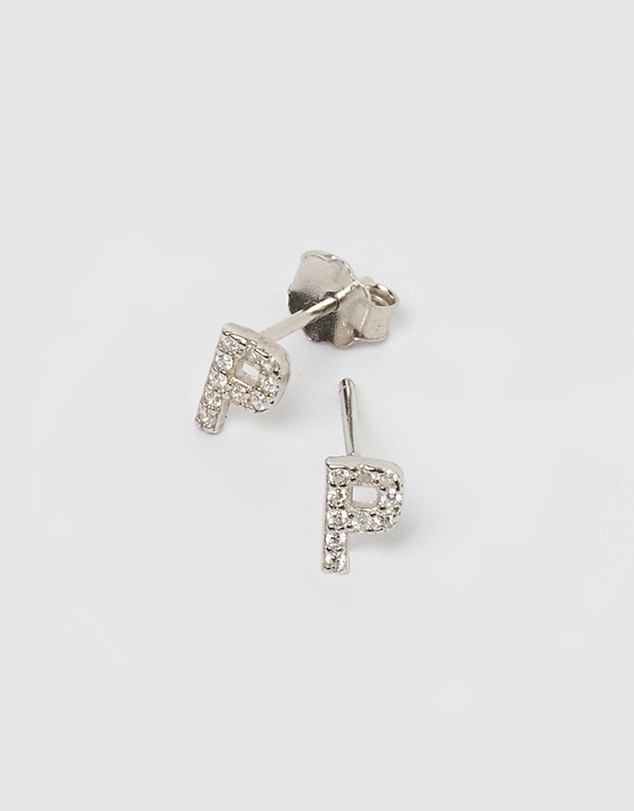 Izoa - Alphabet Mini Letter P Stud Earrings Silver