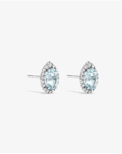 Michael Hill - Oval Cut Blue Aquamarine Gemstone and 0.27 Carat TW Diamond Halo Stud Earrings in 10kt White Gold