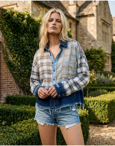 THE TALES - Mixed Flannel And Denim Shirt