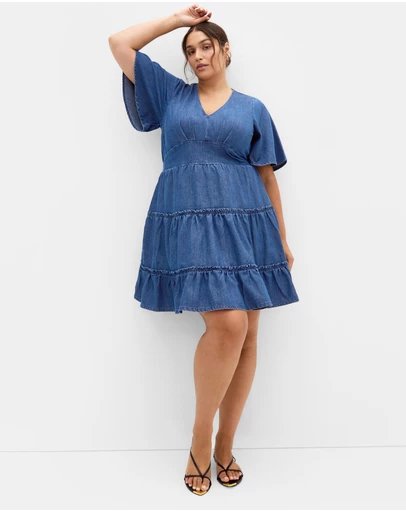 City Chic - Plus size May Tiered Denim Mini Dress - mid wash