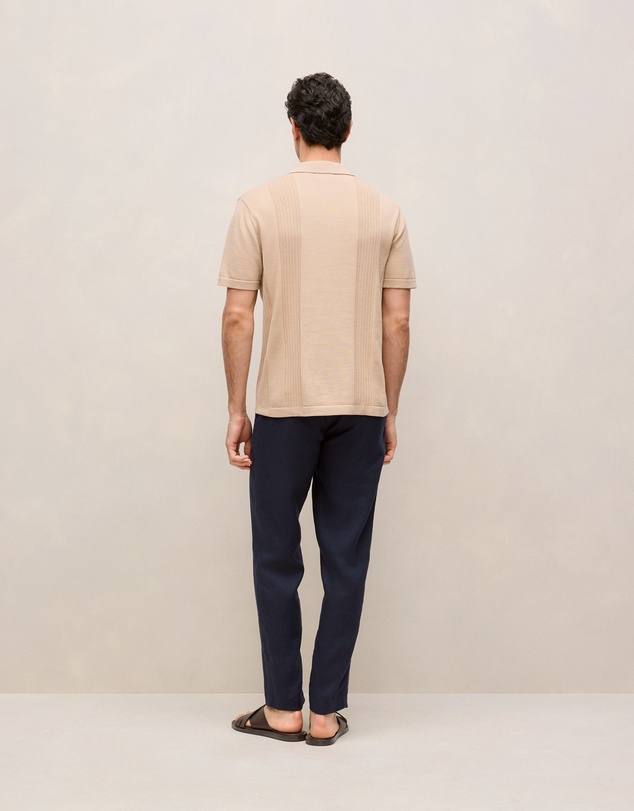 Trenery - Mercerised Cotton Rib Detail Knit Polo in Sand