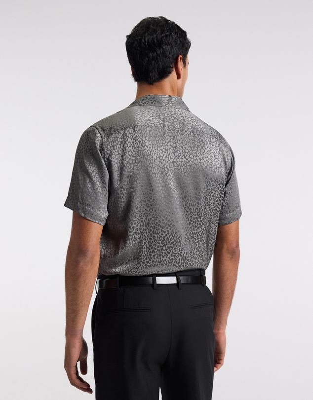 Calibre - Leopard Camp Collar Silk Shirt Zinc