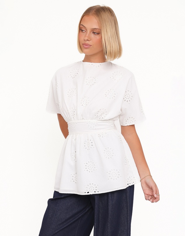 Petal & Pup - Carmel Tie Back Tunic Top - White Embroidery