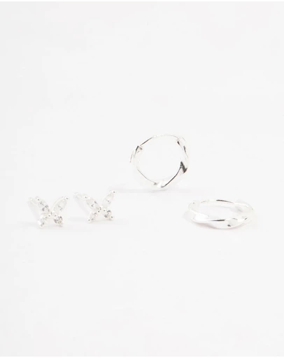 Lovisa - Sterling Silver Butterfly & Hoop Stud Earrings 2-Pack