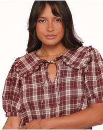 Petal & Pup - Evandri Frill Collar Top - Burgundy Plaid