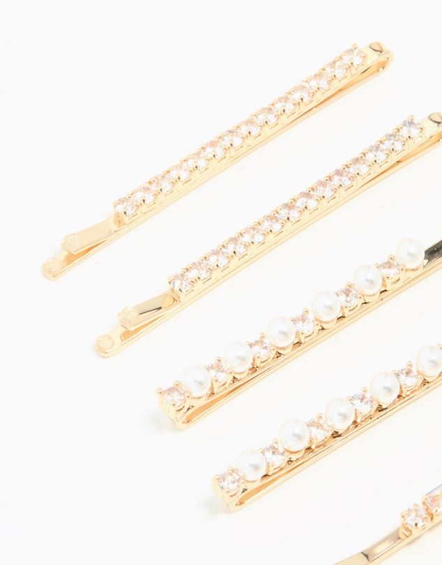 Lovisa - Gold Cubic Zirconia & Pearl Hair Clips 6-Pack