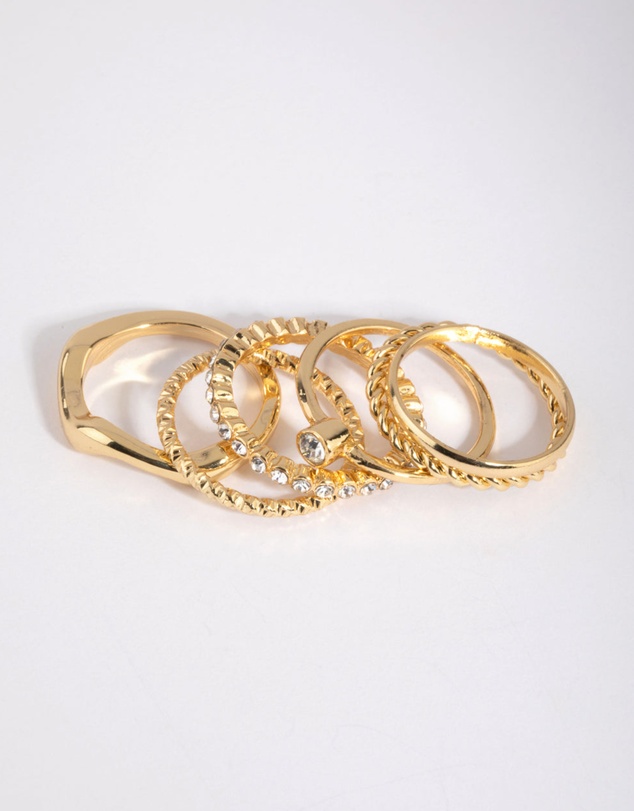 Lovisa - Gold Plated Molten Diamante Ring 6-Pack