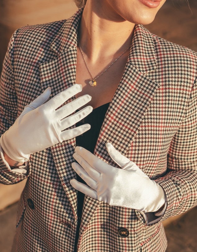 DENTS - Satin Wrist Length Gloves with Button Trim