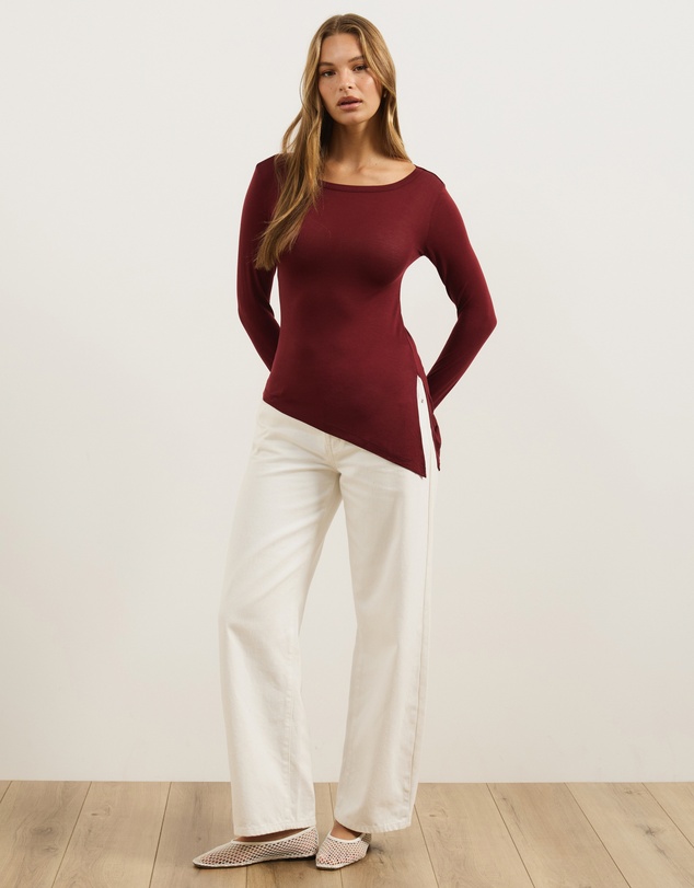 Atmos&Here - Wool Blend Asymmetrical Hem Long Sleeve Top