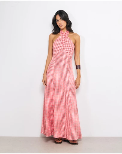 AERE - Nolana Gingham Halter Maxi Dress