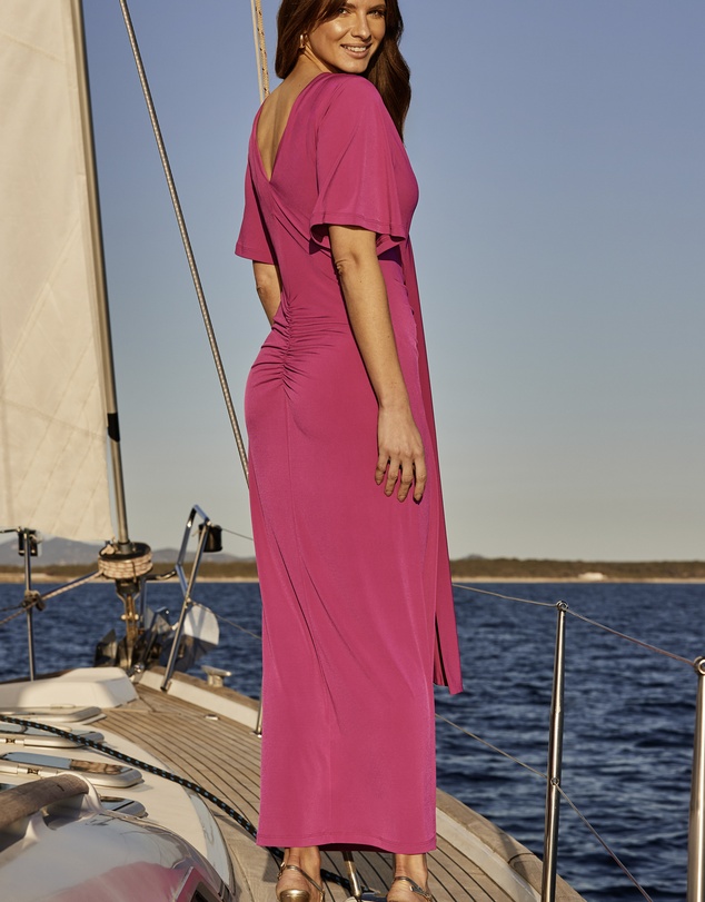 Sosandar - Ruched Detail Angel Sleeve Maxi Dress