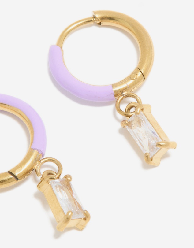 Lovisa - Waterproof Gold Plated Stainless Steel Purple Enamel Cubic Zirconia Charm Huggie Earrings
