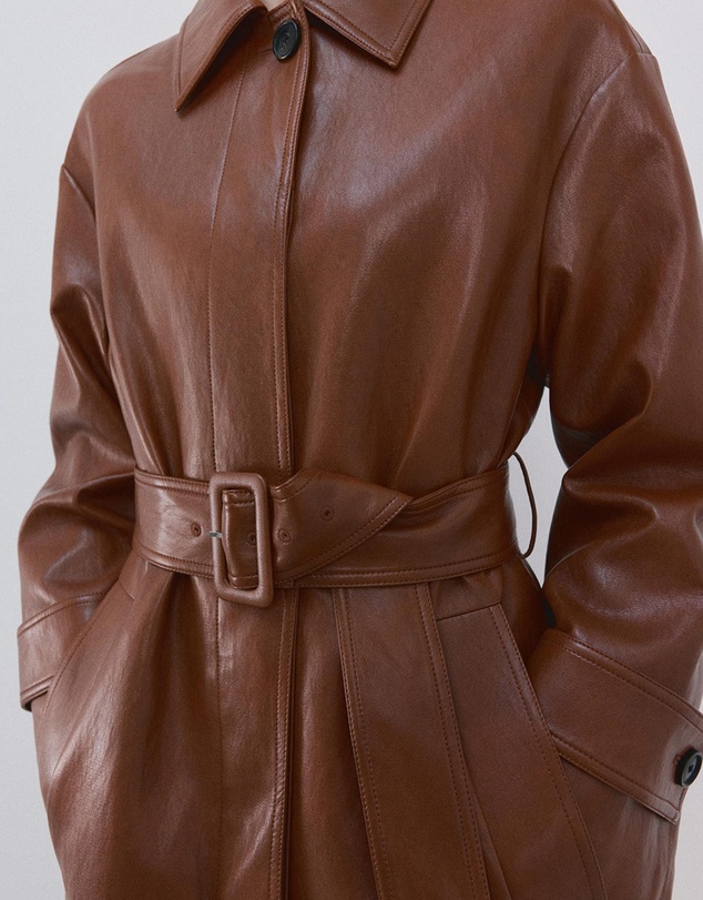 M.N.G - Long Faux-Leather Trench Coat With Belt