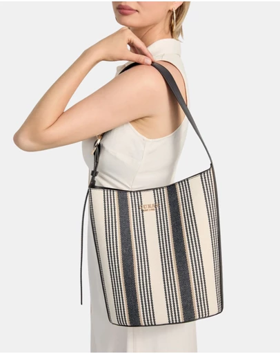 GUESS - Stripe Nicolette Large Bucket Shoulder Bag