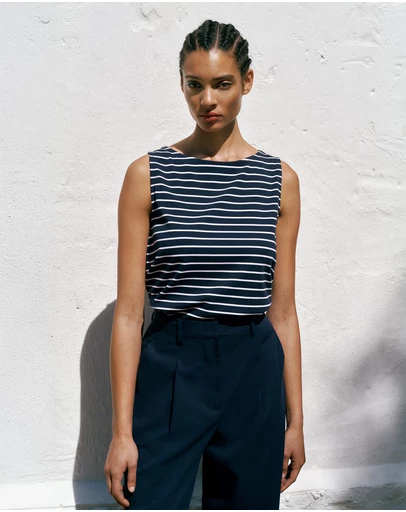 Trenery - Modal Cotton Stripe Boatneck Tank in Night Sky
