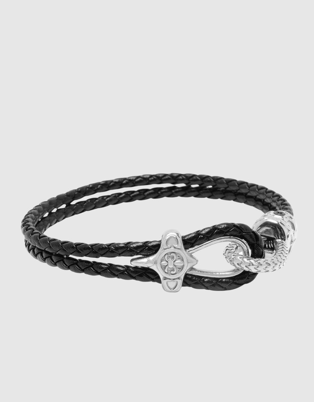 Nialaya Jewellery - Black Leather Bracelet with Silver Rope Clasp