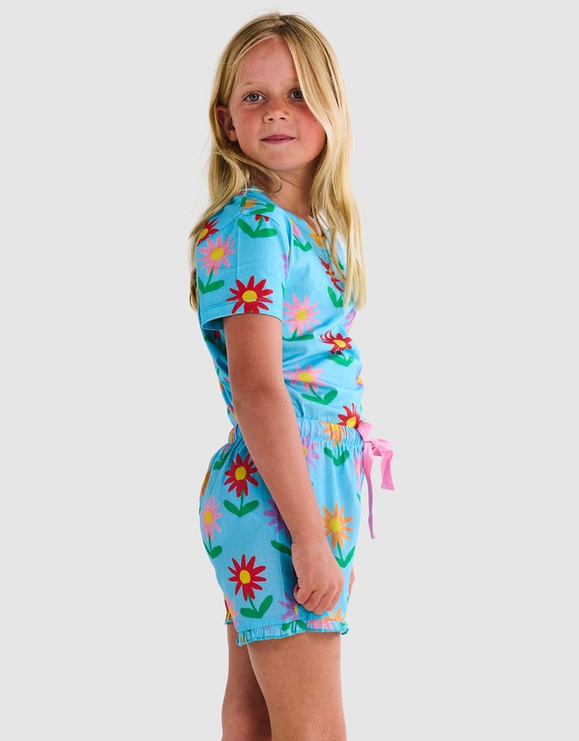 Kip&Co - Little Flowers Organic Cotton SS Tee Frill Shorts Pyjama Set - Kids-Teens