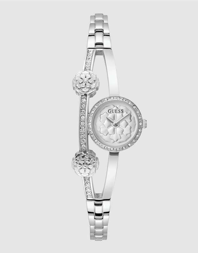GUESS - Chloe Crystal Silver-tone Flower Bangle Watch