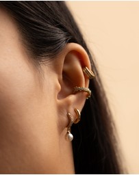 Wanderlust + Co - Pave Pearl Gold Drop 7mm Baby Huggie Earrings