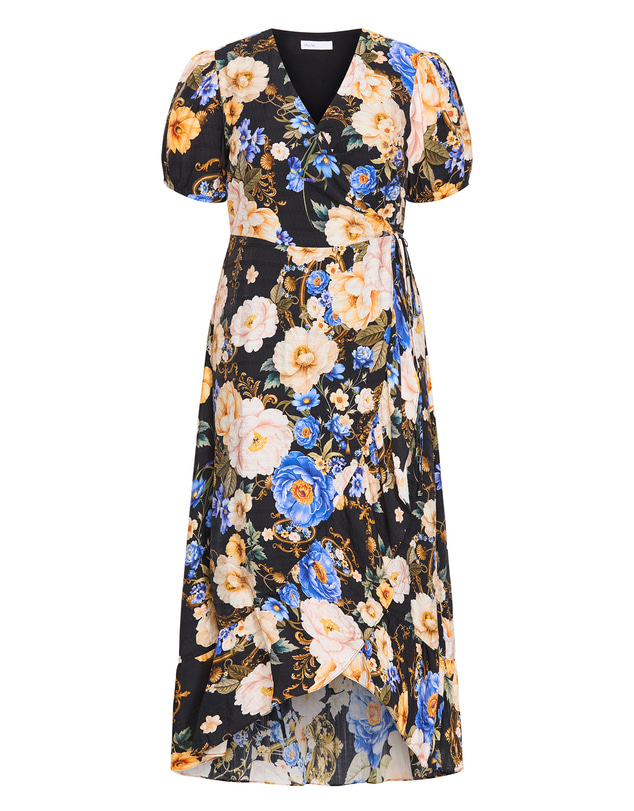 City Chic - Plus size Regal Bloom Print Wrap Dress - black