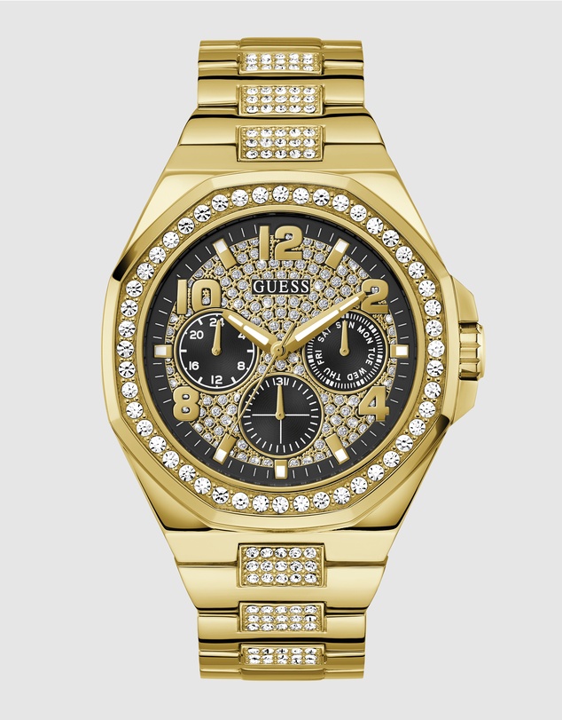 GUESS - Gold-Tone Multi-function Men's 46mm Black Dial with Crystals on Bezel and Strap Analogue Watch