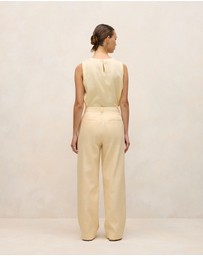 Trenery - Linen Cotton Herringbone Tailored Wide Leg Pant in Butter