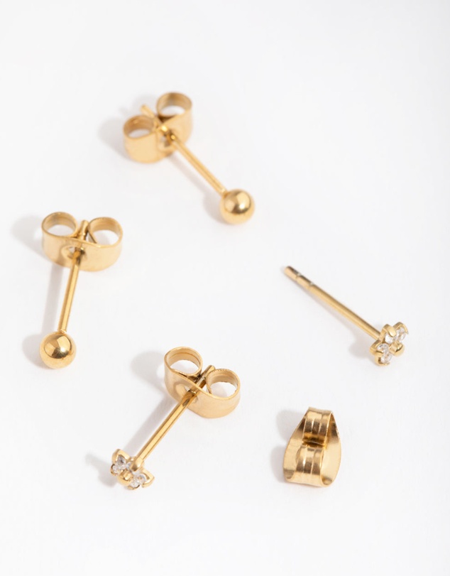 Lovisa - 24 Carat Gold Plated Surgical Steel Flower & Ball Pack Stud Earrings